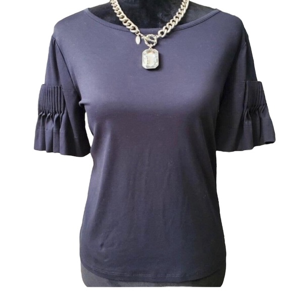 Gianni Bini Navy Blue 100% Cotton Round Neck Short Sleeve Casual Blouse Size L - Picture 1 of 6